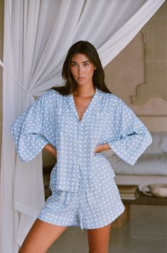 Peta Sleep Set - Rattan - Cornflower Blue – Piyama USD Oversized Button Closure Top For Loungewear, Oversized Loungewear Tops With Button Closure, Blue Collared Top With Pockets, Blue Collared Relaxed Fit Sleepwear, Blue Top With Pockets And Collared Neckline, Button-up Loungewear Tops With Pockets, Button-up Tops With Pockets For Loungewear, Button-up Lounge Tops With Pockets, Spring Loungewear Shirt With Camp Collar