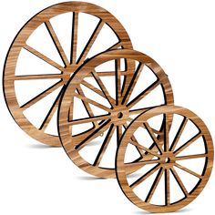 three wooden wheels with spokes are shown on a white background and one is made out of wood