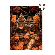 a halloween scene with pumpkins and a house