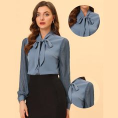 This tie-neck shirt with textures and chiffon panel sleeves, is charming and elegant for daily or formal wear. Suitable for spring/autumn and for many occasions, such as Work, Office, Coffee Shop, Daily, Date, Weenkend, etc. This tie-neck shirt will be your go to must have piece for this spring or summer. Fall Season Formal Chiffon Blouse, Formal Chiffon Blouse For Fall, Fall Office Blouse In Chiffon, Fall Office Chiffon Blouse, Workwear Chiffon Tie Neck Blouse, Chiffon Tie Neck Blouse For Work, Chiffon Blouse With Sheer Sleeves For Work, Chiffon Office Lady Blouse, Semi-formal Blue Blouse For Fall