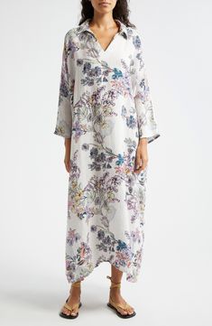 Detailed blooms lend intricate beauty to a linen cover-up caftan that's designed with a simple spread collar and fluted bracelet-length sleeves. 49" length (One Size) Slips on over head Spread collar; V-neck Bracelet-length sleeves 100% linen Dry clean Imported Designer Clothing Elegant Spring Kaftan With Relaxed Fit, Linen Kaftan For Daywear, Spring Linen Long Sleeve Kaftan, Neck Bracelet, Style House, Clothing Items, White Blue, Designer Clothing, Length Sleeve