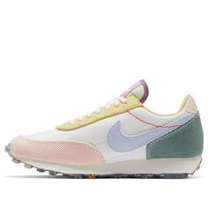 The Nike Daybreak 'Corduroy Sail' is a modern take on the classic 1979 design, inspired by professional running shoes. This version features a corduroy upper with a combination of soft sail, pink, and light blue accents, and a rubber sole for lightweight comfort and style. Perfect for running, walking, or any other activity, this sneaker is sure to turn heads. The Daybreak series is a timeless classic, and this updated version is sure to be a hit. (SNKR/Women's/Waffle Shoes) Retro Nike Running Shoes, Nike Retro Running Sneakers, Retro Nike Running Sneakers, Retro Nike Sneakers For Running, Retro Sneakers With Rubber Waffle Outsoles For Spring, Nike Tuned 1, Nike Tuned, Nike Daybreak, Shoes Sneakers Nike