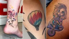 three different tattoos on the legs of people, one with a hot air balloon and another with flowers