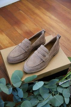 Almond Suede Upper Recycled outsole Natural canvas lining Loafer Stacked Low Heel Round Toe Penny Loafer, Suede Loafers, Penny Loafers, Low Heels, Loafers Men, Low Profile, Penny, Dress Shoes Men, Oxford Shoes