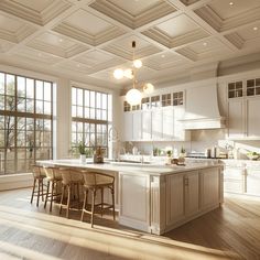 a large kitchen with white cabinets and wooden flooring next to an island in front of two windows