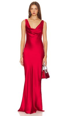 Find NORMA KAMALI Deep Drape Neck Gown In Red on Editorialist. Norma Kamali Deep Drape Neck Gown in Red. - size M (also in S, XL, XS, XXS) Norma Kamali Deep Drape Neck Gown in Red. - size M (also in S, XL, XS, XXS) Add a bit of glamour to your closet with Norma Kamali's Deep Drape Neck Gown in Tiger Red. The draped neckline and luxurious satin fabric make it the perfect choice for elegant events, ensuring you stand out with sophistication and style.. 100% polyester. Made in China. Hand wash. Ful Back Cowl Dress, Red Satin Gown, Mirror Palais, Red Satin Dress, Cowl Dress, Red Gowns, Halter Midi Dress, Satin Gown, Norma Kamali