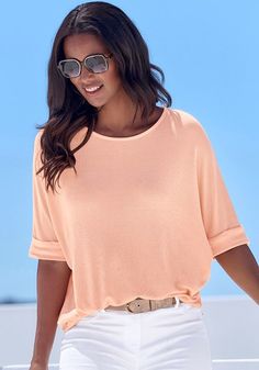 Redefine comfort with simple sophistication in this elbow sleeve top. Casual Peach T-shirt Relaxed Fit, Casual Relaxed-fit Peach T-shirt, Trendy Peach Relaxed Fit T-shirt, Peach Relaxed Fit Short Sleeve T-shirt, Heather Peach Short Sleeve Cotton T-shirt, Cuffed Top, Faux Leather Belts, Elbow Sleeve, Size 16