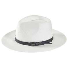 Panama Hat Indiana Style with leather strap, meticulously crafted to evoke timeless sophistication. Each strand woven with precision, it exudes vintage charm and unparalleled elegance, offering a stylish nod to a bygone era. This Panama hat was hand woven by skilled natives in Ecuador and it was carefully completed in Italy. Made from the fibers of the Toquilla Palm plant native to Ecuador. The hat gained international fame during the construction of the Panama Canal in the late 19th and early 2 White Adjustable Panama Hat For Formal Occasions, White Brimmed Panama Hat For Formal Occasions, White Flat Brim Fedora For Formal Occasions, White Formal Panama Hat, Elegant Adjustable Braided Hat, White Formal Panama Hat With Short Brim, Classic White Hat Bands For Formal Events, White Panama Hat With Curved Brim For Formal Occasions, White Curved Brim Panama Hat For Formal Occasions