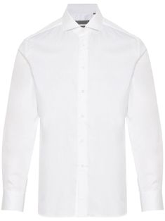 white cotton poplin texture spread collar front button fastening long sleeves buttoned cuffs rear curved hem Elegant Formal Linen Tops, White Cotton Shirt With Concealed Placket, Modern White Dress Shirt For Semi-formal Occasions, White Shirt With Button Cuffs And Fold-down Collar, White Cotton Dress Shirt With Fold-down Collar, White Shirt With Fold Down Collar For Work, White Cotton Dress Shirt For Office, Classic Linen Shirt For Formal Occasions, White Business Tops With Lapel Collar