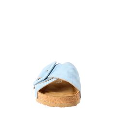 Women's sandals with double woven buckle

Light blue suede

Cork and rubber sole

Padded insole

Made in Italy

Composition:
 Upper: 100% Suede
 Lining: 100% Leather
 Bottom: Cork and rubber
 Insole: 100% Leather Blue Sandals With Buckle Closure And Round Toe, Blue Open Toe Sandals With Buckle Closure, Blue Round Toe Sandals With Buckle Closure, Blue Flat Sandals With Buckle Closure, Suede Footbed Sandals With Tang Buckle And Round Toe, Suede Slide Sandals With Buckle Closure, Blue Buckle Closure Slides For Summer, Blue Slides With Buckle Closure For Summer, Suede Sandals With Tang Buckle And Round Toe