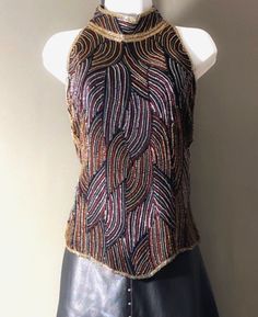 80s Papell Boutique Beaded Halter Top, Vintage Evening NYE Party Outfit Sz XL Nye Party Outfit, Beaded Halter Top, Papell Boutique, Nye Party, Top Vintage, Halter Top, Party Outfit, Boutique, Silk