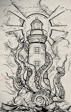 Kraken Lighthouse Tattoo, Sketches Of Octopus, Octopus Lighthouse Tattoo, Lighthouse And Octopus Tattoo, Non Traditional Tattoos, Kraken Lighthouse, Ship Sketch Simple, Octopus Drawing Tattoo, Lighthouse Drawing Sketch