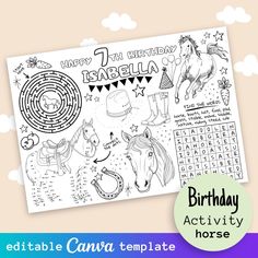 a birthday activity sheet with horses and numbers for kids to color on the page is shown