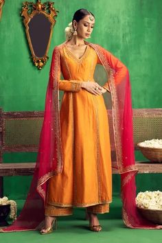 Shop for Jigar Mali Orange Chanderi V Neck Kurta Set for Women Online at Aza Fashions Fitted Orange Kurta With Zari Work, Orange Chanderi Salwar Kameez With Dori Work, Floor-length Orange Kurta With Zari Work, Orange Chanderi Straight Kurta Set, Orange Dabka Embellished Straight Kurta, Jigar Mali, Anarkali Lehenga Gowns, Georgette Palazzo, Mayon Dresses