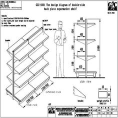 a drawing of a man standing in front of a shelf with measurements for the shelves