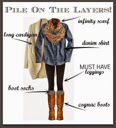 Layers are so slim-fitting that they allow you to add lots of layers. Pair leggings with a chambray shirt, a big sweater and a scarf. Mode Style Anglais, Mode Tips, How To Wear Leggings, Fall Layering, Moda Chic, Legging Outfits, Clothes And Accessories, Mode Inspiration