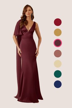 a woman in a long dress standing next to color swatches and the image shows different colors