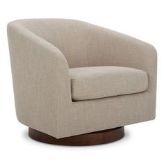 an upholstered swive chair with wooden legs and a beige fabric seat cover