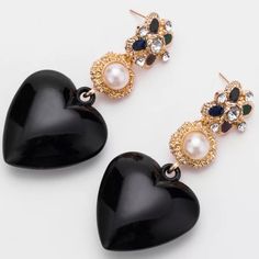 Black Heart Drop Earrings With Rhinestones On Gold. Black Jewelry For Valentine's Day Party, Black Earrings For Valentine's Day, Black Heart Drop Earrings For Party, Black Heart Earrings For Parties, Black Drop Earrings For Valentine's Day, Black Dangle Heart Earrings For Valentine's Day, Black Dangle Jewelry For Valentine's Day, Black Jeweled Earrings For Party, Black Jeweled Party Earrings