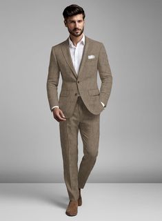 Capture the spotlight with our Stylbiella Spring Light Brown Linen Suit, your key to a polished look. Crafted from pure linen, this suit stands as the pinnacle of breathability and lightweight design, making it an impeccable choice for both steamy summer days and cooler evenings. Whether attending a formal gathering or a casual affair, you'll exude suavity and sophistication. Stay at the forefront of fashion and make a memorable impression at every occasion.    About Stylbiella Expedition Collec Brown Linen Suit Men, Brown Linen Suits For Business Casual, Semi-formal Linen Suit For Fall, Light Brown Suit, Brown Linen Suit, Brown Linen Business Suits, Men’s Summer Linen Suit, Suit Without Tie, Linen Wedding Suit