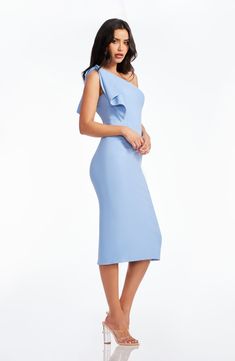 Tiffany Dress, Tiffany Dresses, Midi Length Skirts, Dress The Population, Large Bow, Stretch Crepe, Asymmetrical Dress, Midi Length, Dress Making