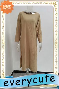 Women's Vintage Casual Plain Long Sleeve Scoop Neck Maxi Dress Spring Khaki Long Sleeve Maxi Dress, Spring Crew Neck Solid Color Dresses, Casual Crew Neck Maxi Dress For Spring, Casual Solid Color Longline Midi Dress, Casual Solid Longline Midi Dress, Casual Longline Solid Color Midi Dress, Casual Khaki Maxi Dress For Fall, Plain Crew Neck Dress For Spring, Spring Plain Crew Neck Dress