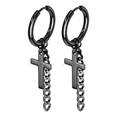 "Cross Earrings Dangle Cross and Chain Hinge Hoops Pair - 316L Stainless Steel Plated with Gold, Black. Unisex! Great Style for Men & Women! SOLD BY THE PAIR! Material: 316:L Stainless Steel Plated with IP Rose Gold, Gold, Black, or plain Steel. Total Lenght: 1.9\" (50mm) Dangle Length: 1/2\" (12mm) Thickness: 20GA (0.8mm) Choose Your Color Gold Black Steel Visit our main website & boutique www.WearAura.com Follow us on Facebook! www.facebook.com/wearAURA Follow us on Instagram www.insta Black Dangle Hoop Earrings In Punk Style, Black Dangle Hoop Earrings Punk Style, Black Punk Dangle Hoop Earrings, Nickel-free Black Jewelry For Streetwear, Black Nickel-free Jewelry For Streetwear, Black Gothic Hoop Earrings Nickel Free, Black Stainless Steel Dangle Earrings, Thigh Chain, Edgy Earrings