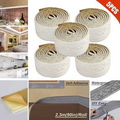 four rolls of white decorative wallpaper with gold trimmings and the words self - adhesive