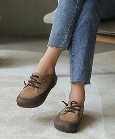 Leather Sneakers With Round Toe, Casual Flat Lace-up Shoes With Leather Footbed, Brown Flat Suede Lace-up Shoes, Casual Oxfords With Textured Sole And Flat Heel, Comfortable Low-top Leather Shoes With Textured Sole, Comfortable Leather Sole Lace-up Walking Shoes, Casual Lace-up Oxfords With Contrast Sole, Casual Leather Shoes With Lace-up And Leather Sole, Casual Lace-up Shoes With Leather Footbed