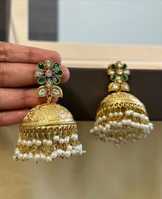 Pachi Kundan Green White Big Pearl Brass Jhumka earrings. Length : 4 inches Traditional Festive Earrings With Bells, Traditional Festive Bell Earrings, Chandbali Earrings With Bells For Festivals, Traditional Chandbali Jhumkas With Bells, American Diamond Necklaces, Oxidized Necklace, Polki Necklace, Western Earrings, Big Pearl