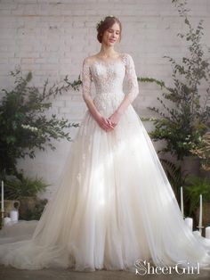 Wedding Dress with 3/4 Long Sleeves and Floral Embroidery Illusion Neckline AWD1674-SheerGirl Applique Wedding, Applique Wedding Dress, Illusion Neckline, Wedding Gowns Lace, Tulle Wedding, Long Wedding Dresses, Tulle Wedding Dress, Cheap Wedding Dress, Tulle Lace