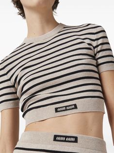 Miu Miu Striped short-sleeve Jumper - Farfetch Knit Logo, Striped Short, Knit Crop, Knit Jumper, Striped Knit, Striped Shorts, Roxy, Stripes Pattern, Miu Miu