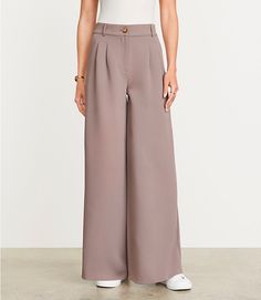 LOFT Versa Crepe Drape Palazzo Pant Chic Taupe Bottoms, Modern Wide-leg Dress Pants, Chic Taupe Wide Leg Pants, Taupe Trousers For Work, Taupe Straight Pants For Work, Taupe Straight Pants For Workwear, Modern Wide-leg Pants, Chic 4-way Stretch Wide Leg Pants For Business Casual, Elegant Taupe Wide Leg Pants