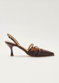 Pointed-toe slingback pumps crafted from brown leather with slender heels and slim buckled straps lying across the vamps | Enjoy up to 30% off when you shop on demand at ALOHAS. Slingback Heels, Brown Heels, Naha, Slingback Heel, Slingback Pump, The Vamps, Seychelles, Leather Pumps, Stylish Girl