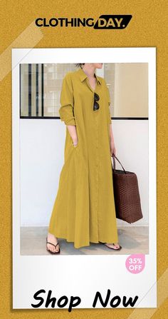 Long Sleeve Simple Loose Casual Long Dress Long Sleeve Maxi Dress With Pockets For Vacation, Long Dresses With Pockets For Day Out, Long Sleeve Maxi Dress With Pockets For Day Out, Long Sleeve Solid Color Maxi Dress For Day Out, Solid Color Long Sleeve Maxi Dress For Day Out, Yellow Long-sleeved Dress With Pockets, Long Sleeve Yellow Dress With Pockets, Yellow Long Sleeve Dress With Pockets, Solid Color Maxi Dress With Pockets For Day Out