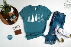 Christmas Trees Shirt, Pine Trees, Nature Lover Gift, Tree Lover Shirt, Shirts For Christmas, Cute Christmas Shirt, Women Christmas Shirt  🟢 HOW TO ORDER 🟢 1. Check and Review ALL Photos 📷 2. Select Your T-Shirt Style, Size and T-Shirt Color from drop down menus ✨ 3.Select Your Design Print Color from images and mention in personalization section (Optional)🎨 4. Add to cart & place order 🛒 We're constantly striving to provide excellent service. We'd love to get your feedback :) 🚚📦 SHIPPING Festive Green Casual Tops, Green Cotton Holiday Top, Green Cotton Top For Holidays, Green Cotton Christmas Shirt, Casual Green Christmas Shirt, Casual Holiday Shirt For Gift, Casual Shirt For Holiday Gift, Casual Shirt As Holiday Gift, Winter Holiday Cotton Shirt