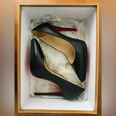 Like New In Box, Never Worn Outside. Size 36.5. Business Heels With Red Sole In Calf Leather, Classic Black Calf Leather Heels, Classic Black Calf Leather Court Shoes, Black Sleek Calf Leather Court Shoes, Black Luxury Calf Leather Court Shoes, Black Calf Leather Heels For Business, Black Court Shoes With Red Sole For Formal Occasions, Luxury Court Shoes With Red Sole For Business, Black Pointed Toe Court Shoes With Leather Lining