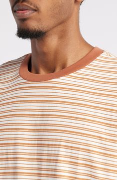 Breathable cotton inspires relaxing peace and quiet in a T-shirt that's sized for comfort and ringed in soft, yarn-dyed stripes. 27 1/2" length (size Medium) Crewneck Short sleeves 100% cotton Machine wash, tumble dry Imported Comfortable Brown Cotton Tops, Casual Brown Organic Cotton Tops, Striped T-shirt For Spring Loungewear, Brown Cotton T-shirt For Loungewear, Coral Shirt, Peace And Quiet, Brown Tshirt, Latest T Shirt, Free Fabric