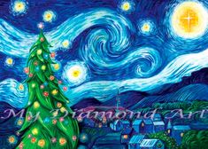 a painting of a christmas tree with stars in the sky