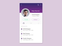 a purple and white resume with a man's face on the front page,