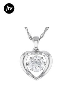 Moissanite Fire (R) 1.50ct diamond equivalent weight round brilliant, Platineve(R) dancing heart pendant with 18 inch Singapore chain. Measures 13/16 "L x 9/16 "W. Chain has a lobster clasp and 2 inch extender. Actual moissanite weight is 1.35ct. Valentine's Day Solitaire Diamond Jewelry, Valentine's Day Moissanite Jewelry With Center Stone, Solitaire Necklace For Anniversary, Valentine's Day Round Cut, Gift Diamond Necklace With Round Cut Center Stone, Gift Round Cut Diamond Necklace With Center Stone, White Gold Diamond Necklace With Center Stone As Gift, Round Cut Diamond Necklace With Center Stone Gift, Valentine's Day Solitaire Necklace With Diamond Accents For Anniversary, Diamond Necklace With Center Stone For Gift