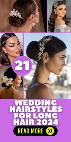 the wedding hairstyles for long hair are displayed in four different styles and colors