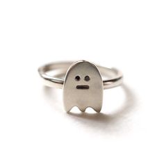 Yay! At last the little Ghost is available as a ring :) Handmade in recycled Sterling silver the Ghost is set with brilliant cut black diamond eyes. He looks fab worn on his own or stacked up with his besties! The ghost measures 12mm tall and sits in a solid sterling silver D band. The ring is made to order in the size that you require - just add a note in checkout of the size that you require or message me - i am here to help if you are not sure :) The ghost ring will arrive in a RockCakes box Handmade Cute Sterling Silver Rings, Cute Handmade Sterling Silver Rings, Handmade Adjustable Novelty Rings, Handmade Fun Rings As Gifts, Fun Handmade Rings As Gifts, Fun Handmade Rings For Gifts, Ghost Ring, Rainbow Band, Little Ghost