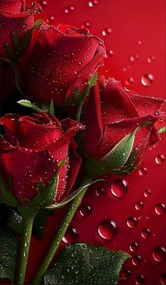 three red roses with water droplets on them