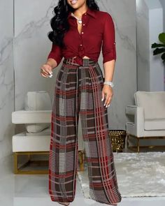 Lasaky - Long Sleeve Button Down Shirt and Plaid Pants Set Printed Pants Style, Burgundy Fashion, Half Sleeve Tops, Women's Button Down Shirt, Two Piece Pants Set, Elegantes Outfit, Jumpsuit With Sleeves, Turndown Collar, Plaid Pants