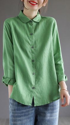 Up To 75% Off Today! Get ready to start 2023 with some new cute outfits! Women Shirts Blouse Casual, Spring Fabric, Simple Green, Comfortable Room, Blouse Tops, Casual Tops For Women, Spring Tops, Cotton Blouse, Women Shirts Blouse