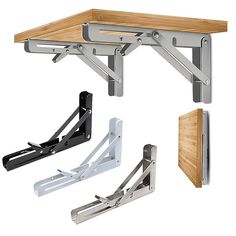 three different types of wall brackets with wood top and metal handles on each side, including one