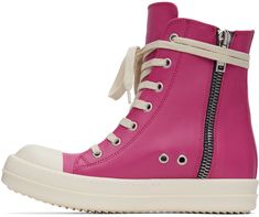 High-top buffed calfskin sneakers in pink. · Round calfskin cap toe · Lace-up closure · Zip closure at inner side · Treaded rubber sole Supplier color: Hot pink/Milk/Milk Pink Leather High-top Sneakers With Vulcanized Sole, Pink Leather High-top Sneakers With Rubber Sole, Pink Leather High-top Sneakers With Contrast Sole, Pink Leather High-top Sneakers With Round Toe, Pink High-top Sneakers With Rubber Toe Cap, Pink Lace-up Sneakers With Leather Sole, Pink High-top Sneakers With Rubber Toe Cap For Streetwear, Pink Milk, Pink Round