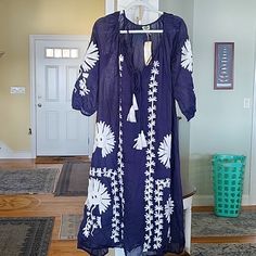 Nwt -Dolma Summer/Beach Dress- With Full Lenght Tank Style Liner - 100% Cotton. 4 Tassels, Attaches To Lines That Cinch Neckline. Super Light Weight. Beautiful Hand Stiched Raised Embroidered Detailing On Front. 3/4 Sleeves. One Size. Shoulder To Hem: 46", Pit To Pit 22- 23" Blue Boho Dress With Tassels For Spring, Blue Tasseled Maxi Dress For Spring, Blue Tassel Maxi Dress For Spring, Spring Vacation Dresses With Back Tassel Tie-up, Beach Midi Dress With Tassels, Navy Dress For Spring Beach Occasion, Long Sleeve Tassel Dress For Beach, Blue Beach Dress With Tassels, Spring Blue Boho Dress With Tassels