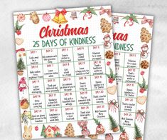 two christmas calendars with the words 25 days of kindness